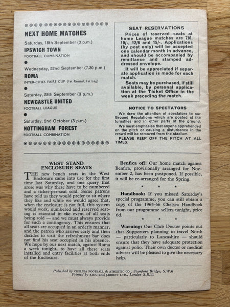 Chelsea v Sheffield Wednesday Match Day Programme 1965