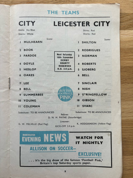 Manchester City v Leicester City Match Day Programme 1967