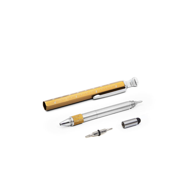 gold 6 in one pen tool showing 4 pieces and functions
