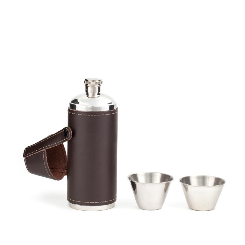  Leather Hip Flask with two steel cups