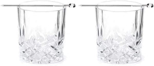 Set of two whisky tumbler glasses and stainless steel picks