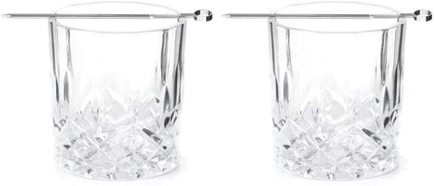 Set of two whisky tumbler glasses and stainless steel picks